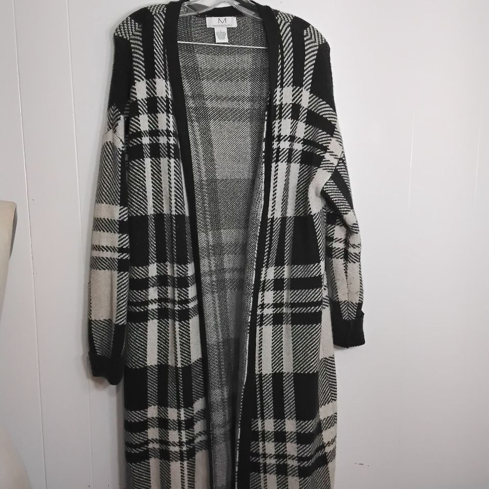 Magaschoni Black and Cream Plaid Open-Front Long Cardigan